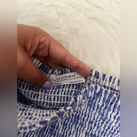 Zara Woman Off Shoulder Shirred Tunic or Mini Dress | blue, white | size small - Picture 5 of 7